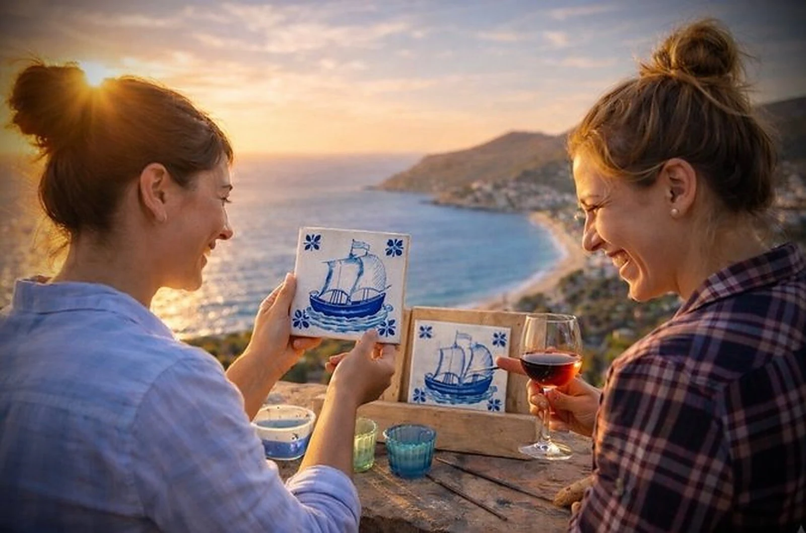 Private guests painting traditional azulejos together in a Portuguese workshop.