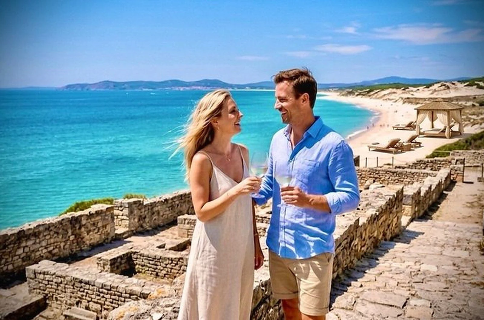 Couple walking together above the Atlantic during a private day in Portugal.