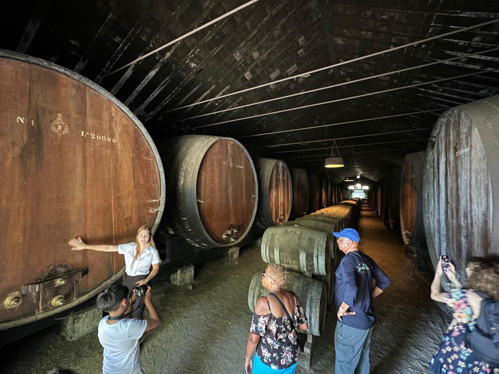 A local guide hosting a small private group beside historic Moscatel vats.